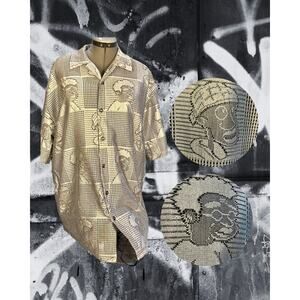 Vintage Y2K Barcode Hip Hop Silver Mesh Black Cartoon Faces Button Down Shirt XL